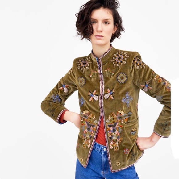 Zara Jackets & Blazers - ZARA OLIVE EMBROIDERED JACKET